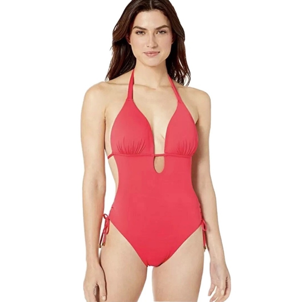BAR III NWT Core Solids Halter Plunge Neck Cheeky One Piece Swimsuit | Large